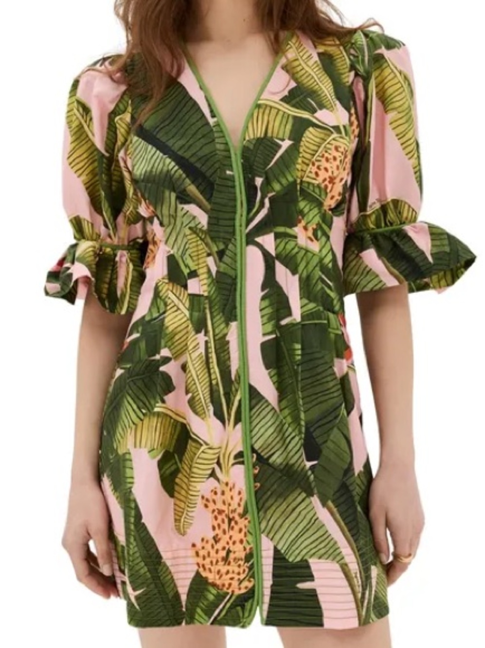 Pink Banana Leaves V Neck Mini Dress